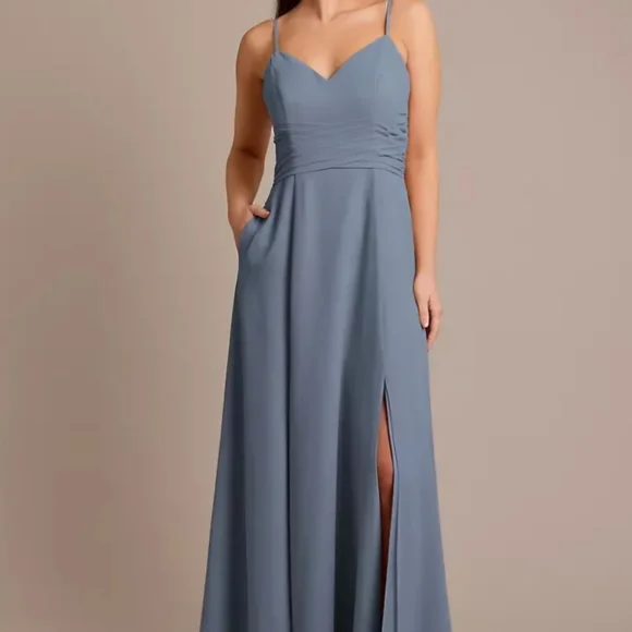 David's Bridal Chiffon Steel BLUE Maxi Dress W Pockets - Picture 1 of 8